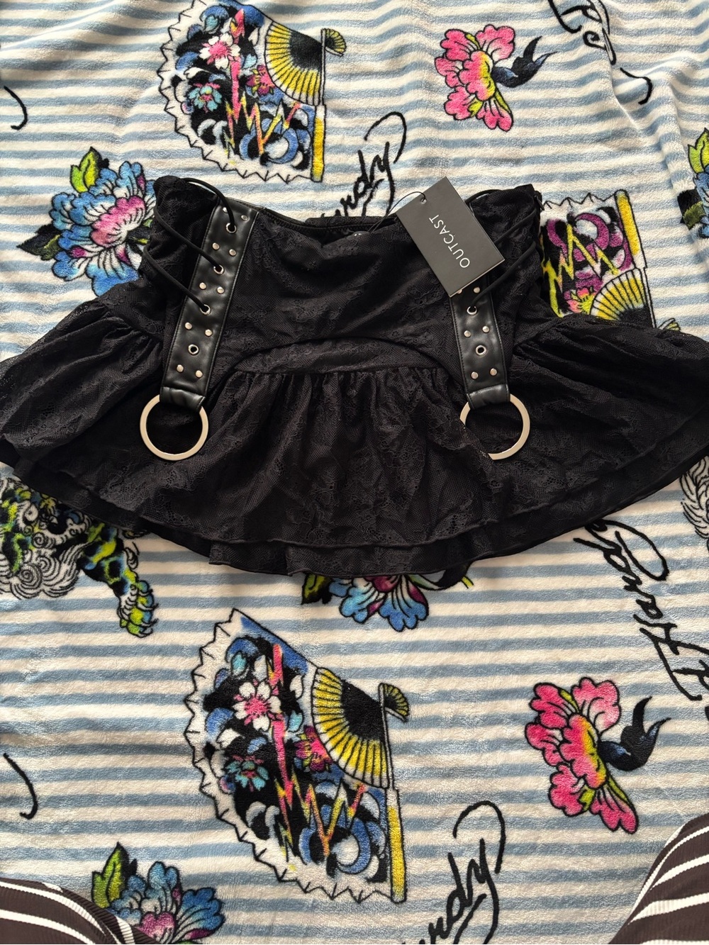 Outcast Elestria Black Lace Ruffle O-Ring Mini Skirt M NWT